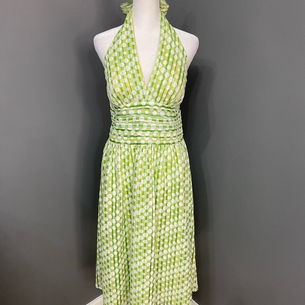 ROBBIE BEE Womens Halter Green White Polka Dot Fit-n-flare Dress 16 Pin Up